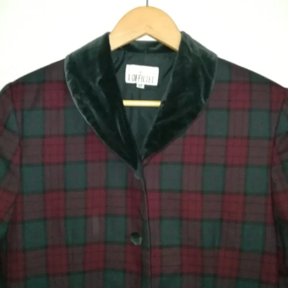 Vintage Holiday Plaid Tartan Red & Green Preppy Simple Breasted Velvet Blazer L - Picture 4 of 15
